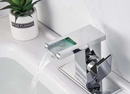 LED Waterfall Faucet, Single Hole Bathroom Sink Faucet with LED Light - color: Chrome