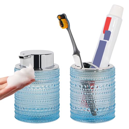 Blue Bathroom Accessory Sets, Glass Toothbrush Holder and Soap Dispenser for Bathrooms, Foaming Hand Soap Dispenser, Toothbrush and Toothpaste Cup Holder, Soap and Toothbrush Holder Set - color: Blue