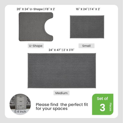 TYUU Bath Mat Set 3 Piece, Bathroom Rugs Non Slip Washable & Toilet Mat | Non Slip Quick Dry Low Pile Bathroom Mats, Washable Bath Rugs 3 Pc: 16x24, 24x47 Rug & Toilet Mat 20x24 in. Dark Grey - color: Dark Grey, size: 16"x24" + 24"x47" + 20"x24" U Shape