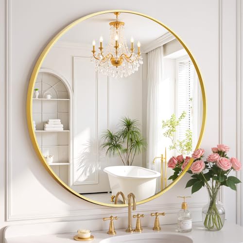 Round Wall Mirror 20 Inch Gold Vanity Mirror with Metal Frame | Modern Circle Wall Mounted Decorative Mirrors for Bathroom, Entryway, Bedroom, Living Room - color: Gold, size: 20"L x 20"W, style: Round