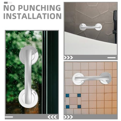 HEMOTON Heavy Duty Suction Grab Bars for Shower and Bathtub, 2pcs Removable Suction Cup Handles Strong Hold, Medium Silver Safety Handrails for Seniors and Elderly Bathroom Aid
