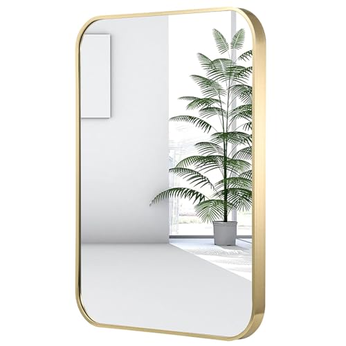 22x30 Inch Gold Bathroom Mirror, Brushed Brass Gold Metal Framed Rectangular Mirror with Rounded Corner, Bathroom Vanity Mirror for Bedroom or Living Room, Horizontal/Vertical - color: Gold(light), size: 22"L x 30"W