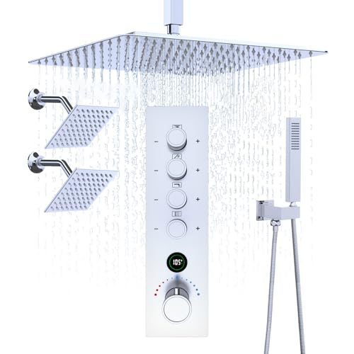 Thermostatic Digital Triple Heads Rain Shower System Can Run Together | 4-Function Full Body Shower Faucets Set with 12" + Two 6" Tilted Showerhead and Brass Handheld, Chrome - color: Chrome, style: 12” + 6" + 6"