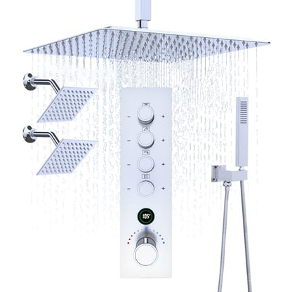 Thermostatic Digital Triple Heads Rain Shower System Can Run Together | 4-Function Full Body Shower Faucets Set with 12" + Two 6" Tilted Showerhead and Brass Handheld, Chrome - color: Chrome, style: 12” + 6" + 6"
