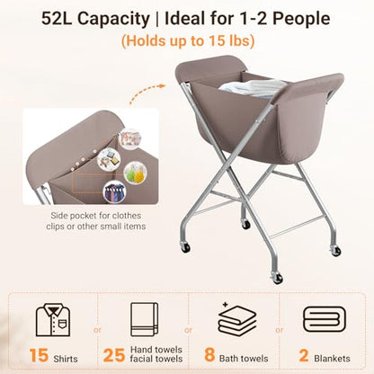 ELYKEN Laundry Basket with Wheels, Collapsible Laundry Hamper, Camel Brown | Removable Liner Bag, Foldable Design, Sturdy Metal Frame, 4 Casters, 32”H Laundry Cart for Bedroom, Bathroom & Laundry Room - color: Camel Brown, size: 23.2"L x 13"W x 32"H
