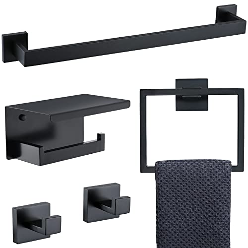 Black Towel Bar Set 5-Piece Bathroom Hardware Set Including 23.6 Inch Towel Bar,Towel Ring Towel Hook and Toilet Paper Holder with Shelf,Stainless Steel Bathroom Accessories Set - color: Black
