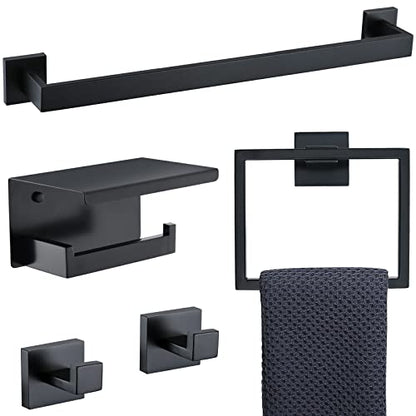 Black Towel Bar Set 5-Piece Bathroom Hardware Set Including 23.6 Inch Towel Bar,Towel Ring Towel Hook and Toilet Paper Holder with Shelf,Stainless Steel Bathroom Accessories Set - color: Black
