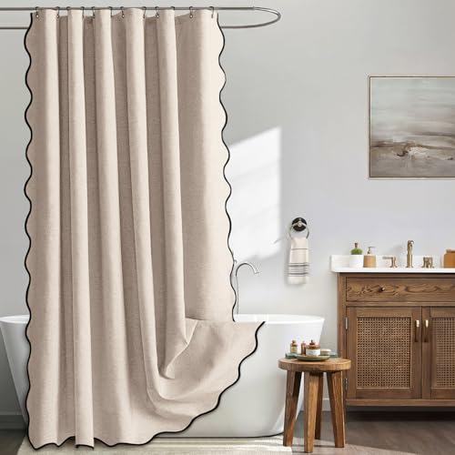 MIULEE Beige Scalloped Linen Shower Curtain 72x72 Inches | Linen Textured, Waterproof, Washable, 12 Metal Hooks, Heavy Duty Cloth, Black Border, Shower Curtain for Bathroom Bathtub - color: Beige, size: 72"W x 72"L (Pack of 1)