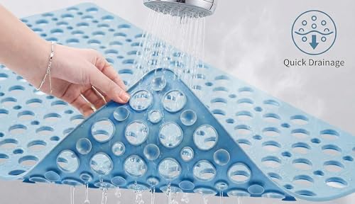 Bath Tub Shower Mat, Extra Soft Long Bath Mat Non-Slip with Suction Cups, TPE Bath Mat for Kids, Machine Washable Bathroom Mat (Blue, 35 x 16 Inch) - color: Blue, size: 35" x 16" (Rectangular)