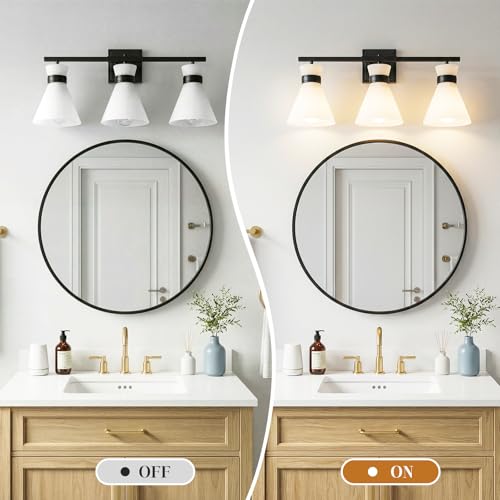 Matte Black Bathroom Vanity Lights, 3-Light Bathroom Light fixtures Over Mirror, Modern Vanity Lighting Fixtures with Frosted Glass Shades E26 Base,Wall Mount Scones for Mirror (Bulbs Not Included) - color: Black