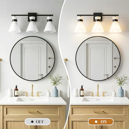 Matte Black Bathroom Vanity Lights, 3-Light Bathroom Light fixtures Over Mirror, Modern Vanity Lighting Fixtures with Frosted Glass Shades E26 Base,Wall Mount Scones for Mirror (Bulbs Not Included) - color: Black