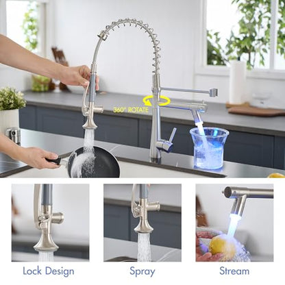AIMADI Pull Down Kitchen Faucet with Sprayer,Commercial Single Handle | Stainless Steel Brushed Nickel Kitchen Sink Faucet with LED Light - color: Brushed Nickel-1, style: Commercial