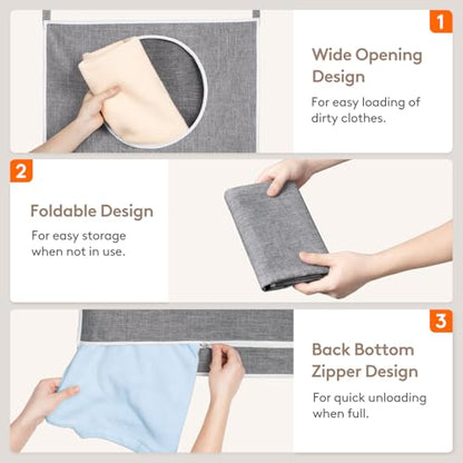 Over Door Laundry Hamper, Large Collapsible Hanging Laundry Hamper, Hanging Laundry Basket Bag for Bathroom Bedroom Dirty Clothes Storage Organizer, Light Gray