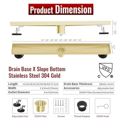 Linear Shower Drain, 28 inch Brushed Gold | Including Hair Catcher and Removable Grate, 304 Stainless Steel, Easy to Install and Clean (Drain Base Not Included) - color: Brushed Gold, size: 28 inch