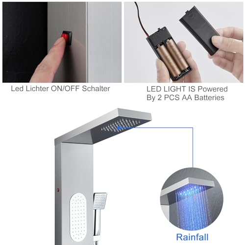 5-Function LED Shower Panel Tower System 4 Jets Stainless Steel | LED rain head | 4 massage jets | Body waterfall spray | Handheld shower | Tub spout | Brushed finish - color: Brushed Nickel