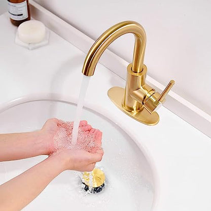 Gold Bathroom Faucets - Single Hole Waterfall Vanity Sink Faucet with Drain Assembly, Brushed Gold Waterfall Bathroom Faucets 360° Swivel Spout Vanity Faucet Single Handle Lavatory Faucets - color: Brass Gold