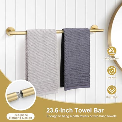 TQKAG 8-Pieces Bathroom Hardware Set Brushed Gold SUS304 Stainless Steel Bath Towel Bar Set 23.6 Inch Round Bathroom Accessories Kit Wall Mounted - color: Brushed Gold, size: 8-Pieces Set