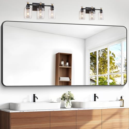 BONEWEI 72x36 inch Large Bathroom Mirror,Black Rectangle Mirror,Wall Mounted Bathroom Frame Vanity Mirror with Round Corner for Bedroom Living Room,Entryway Hangs Horizontal or Vertical - color: Black Rounded Rectangle, size: 72"L x 36"W