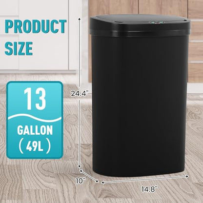 13 Gallon Automatic Kitchen Trash Can with Lid, Touchless Motion Sensor Garbage Can - Hygienic, Odor Control, Waterproof Waste Bin for Kitchen Bathroom Bedroom Office (50L), PP Plastic, Black - color: Black