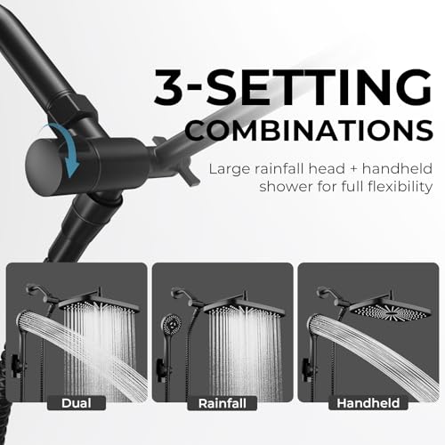 Black Rain Shower Head with Handheld Shower Head, 5 Spray Modes | High-Pressure Dual Shower Combo, Multi-Spray Handheld, 11-Inch Metal Extension Arm, Detachable Design for Easy, Flexible Use - color: Matte Black