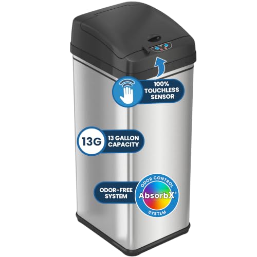 iTouchless 50 Liter / 13 Gallon Sensor Dog-Proof Kitchen Trash Can with Lid Lock and AbsorbX Odor Filter, Touchless Lid, Stainless Steel Garbage Recycling Bin for Kitchen, Home, Office, Business - color: Brushed Silver 13 Gallon PetGuard Sensor