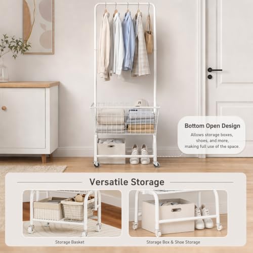 ALIMORDEN Rolling Laundry Cart with Hanging Rack & Metal Basket, White | 360° Lockable Casters, Wire Laundry Basket Cart, Hanging Rack, Powder Coated Frame for Laundry Room & Bedroom Storage - color: White