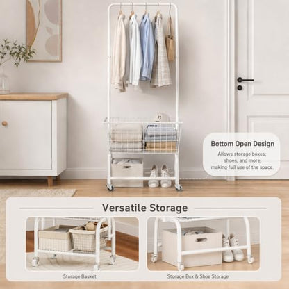 ALIMORDEN Rolling Laundry Cart with Hanging Rack & Metal Basket, White | 360° Lockable Casters, Wire Laundry Basket Cart, Hanging Rack, Powder Coated Frame for Laundry Room & Bedroom Storage - color: White