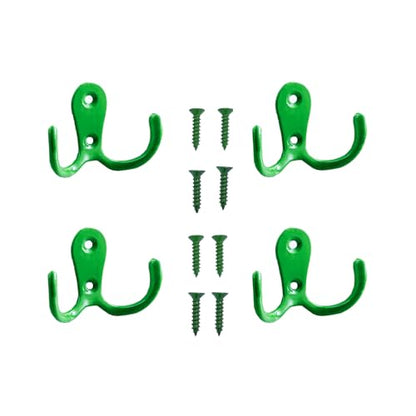 4 Pcs Double Prong Robe Hooks, Dual Coat Hooks Wall Mounted Hanging Clothes for Bathroom Bedroom Door Wall Retro Metal Cloth Hanger Double Coat Hooks with 8 Screws (Green) - color: Green