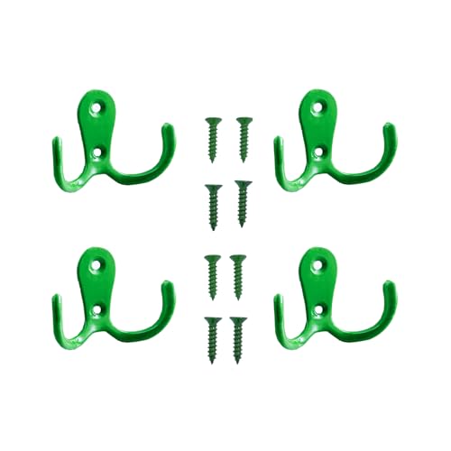 4 Pcs Double Prong Robe Hooks, Dual Coat Hooks Wall Mounted Hanging Clothes for Bathroom Bedroom Door Wall Retro Metal Cloth Hanger Double Coat Hooks with 8 Screws (Green) - color: Green