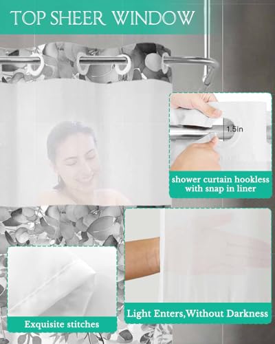 No Hook Shower Curtain and Snap in Liner Set, Gray Eucalyptus Fabric Bathroom Stall Shower Curtains 36x72, See Through Mesh Top Window, Spring Summer Botanical Floral Leaves Country Hotel Style - color: Grey, size: 36"W x 72"L (Pack of 1)