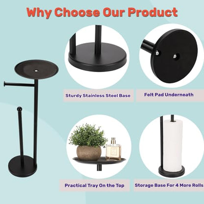 Black Toilet Paper Holder Stand, Freestanding Toilet Paper Holder with Shelf for Small Items, Toilet Paper Stand with Storage Space for 4 Extra Toilet Paper Rolls - color: Black Matte
