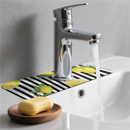 Kitchen Sink Splash Guard，Lemon-and stripes Faucet Mat Sink Gadgets-Super Absorbent Fast Drying Mat Drip Catcher for Kitchen, Bathroom,Sink Mat, Dish Drying Mat, Bathroom(15" X 5.5" ) - color: Lemon-and stripes