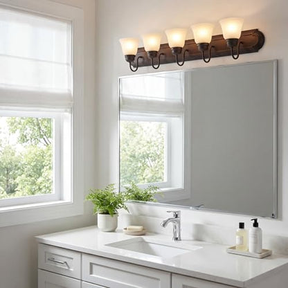 Kichler 5-Light Bathroom Vanity Light, Tannery Bronze | Damp-rated vanity light with satin etched glass (36" x 8" x 5"), 5339TZS - color: Tannery Bronze, size: 36"
