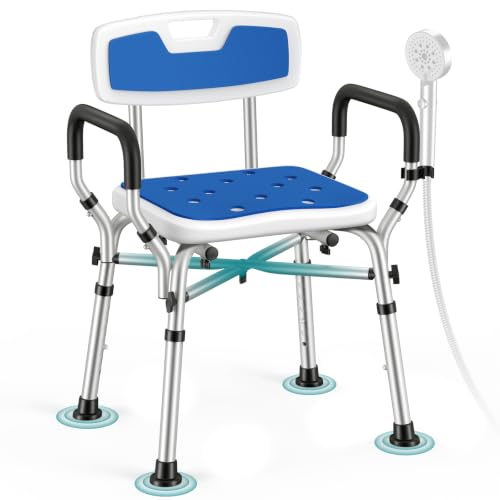 Shower Chair for Inside Shower with Arms & Back, 550 lbs, 6 Heights | Dual Crossbar Frame, Non-Slip Feet, 22-Inch EVA-Cushioned Seat, Showerhead Holder, Rust-Resistant Aluminum, Tool-Free Setup - color: Blue