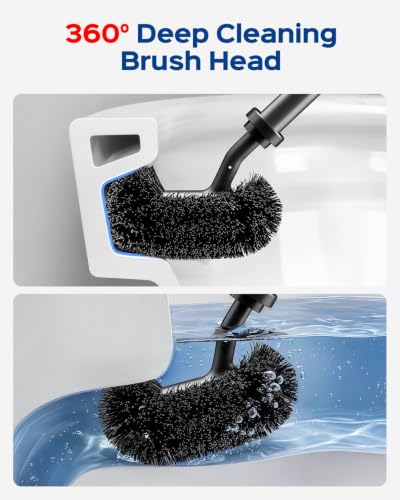 HAMITOR Toilet Bowl Brush and Plunger Set: 2-in-1 Hidden Holder Design | Deep Cleaning Curved Bristles, Stainless Steel, 22'' Long Handles, Modern Apartment Bathroom Accessories, Black, 1-Pack