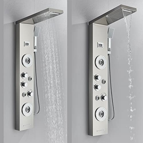 LED Light Shower Panel Tower Rainfall Waterfall Shower Head with Massager Jets Body System Jet Black B (Color : Brushed Nickel F) - color: Brushed Nickel F