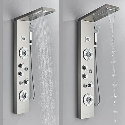 LED Light Shower Panel Tower Rainfall Waterfall Shower Head with Massager Jets Body System Jet Black B (Color : Brushed Nickel F) - color: Brushed Nickel F