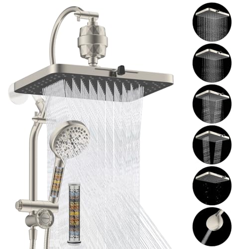 Hibbent 5-spray Dual Filtered Rainfall Shower Head with 10 Spray Handheld | High Pressure 13'' Showerhead Combo, Easy Reach 4-way Diverter Arm with Pause Mode, 71'' Hose & Holder, Brushed Nickel - color: Brushed Nickel, style: Square 13" with filter