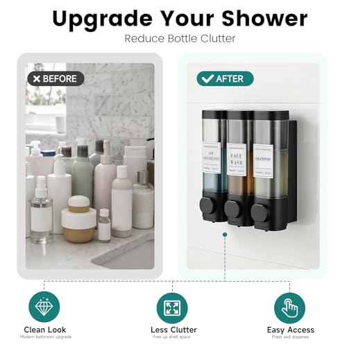 Wall-Mounted Shower Soap Dispenser 3 Chamber, No Drill Shower Dispenser | Shampoo and Conditioner Dispenser for Bathroom Hotel Large Capacity,Black - color: 3black