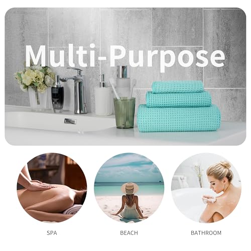 MICROFI Microfiber Waffle Bath Towels, 3 Pieces, Oversized, Soft, Absorbent, Fast Drying, Lint Free, Includes Bath, Face and Hand Towels 430 GSM - color: Turquoise