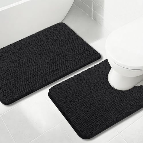 Bathroom Rugs Chenille, Extra Thick and Absorbent, Non-Slip, Machine Washable, Dry Quckily, Soft Cozy Plush, Used Under Shower Bathtub and Sink, Bath mat Sets Black - color: Black, size: 20 x 32 inch + 20 x 20 inch (U-Shape)