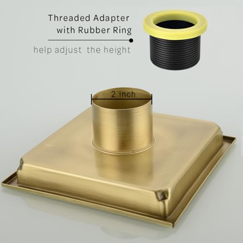 6 inch Stainless Steel Square Shower Floor Drain with Threaded Adapter, Removable Cover Grid Grate, Brushed Gold Brass Finished - color: Brushed Gold