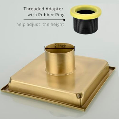 6 inch Stainless Steel Square Shower Floor Drain with Threaded Adapter, Removable Cover Grid Grate, Brushed Gold Brass Finished - color: Brushed Gold