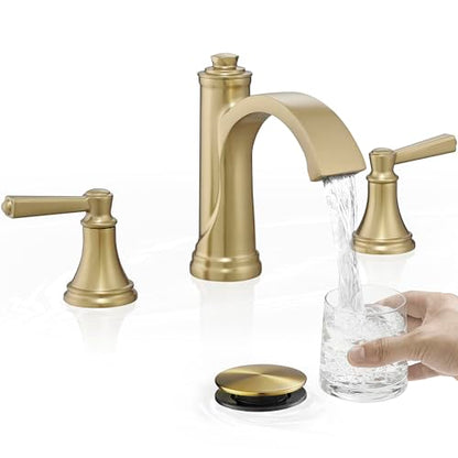Brass Bathroom Waterfall Faucet, 4-16 Inch Brushed Gold Bathroom Faucet Widespread Bathroom Sink Faucet, 2 Handles Bathroom Faucets for Sink 3 Hole with Pop Up Drain, Water Hoses - color: Brushed Gold
