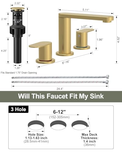 BWE Brushed Gold Bathroom Faucet 3 Hole 8 Inch Widespread Sink Faucets | Stainless Steel Bathroom Faucets with Pop-up Drain and Supply Lines, 360° Swivel Spout 2-Handle Sink Faucet for Bath Vanity - color: Brushed Gold, size: 8 Inches Widespread