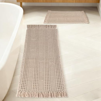 Waffle Bath Mat Set of 2, Absorbent Waffle Bathroom Rug with Tassels, Non Slip Bath Mats for Bathroom Floor, Ultra Soft Boho Bath Mat, Quick Dry Shower Mat, Machine Washable, 17"×24" & 20"×47", Khaki - size: 17" x 24"+20" x 47"