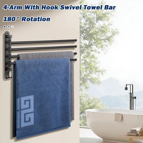 NearMoon Swivel Towel Rack, 19.5" Thicken 304 Stainless Steel 4-Arm Towel Bar, Space Saving Wall Mounted Towel Holder with Hook, Rustproof Swing Out Towel Hanger for Bathroom, Kitchen (Matte Black) - color: Matte Black, size: 19.5 Inch