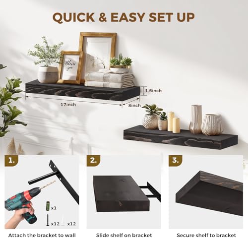 Solid Wood Floating Shelves, 17 Inch Wall Shelves, Set of 2, Black | 8 Inch Deep, 1.6 Inch Thick, Extra-Wide Display Space, Mounting Hardware Included, For Kitchen, Bathroom and Living Room - color: Black, size: 17x8x1.6