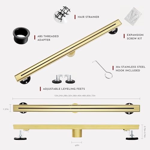 36 Inch Linear Shower Drain, Brushed Gold Shower Drain, Removable Grate, 304 Stainless Steel, Easy to Install and Clean for Bathrooms (Drain Base Not Included) - color: Brushed Gold, size: 36 Inch