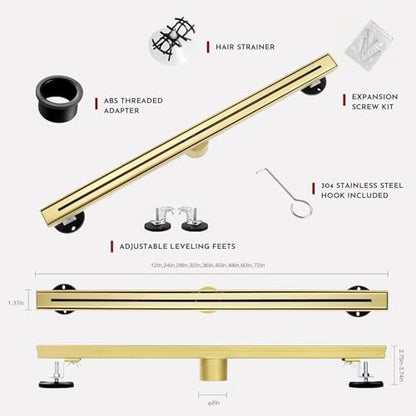 36 Inch Linear Shower Drain, Brushed Gold Shower Drain, Removable Grate, 304 Stainless Steel, Easy to Install and Clean for Bathrooms (Drain Base Not Included) - color: Brushed Gold, size: 36 Inch